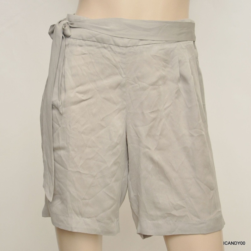 Poleci Silk Wrap-Around Belted Waist Pleated Shorts Gray 6 Nwt $195